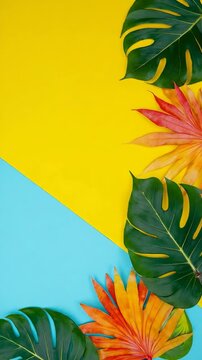 Flat lay composition of vibrant green and colorful tropical leaves on a minimalist yellow and blue geometric background, perfect for summer, vacation, and nature concepts.