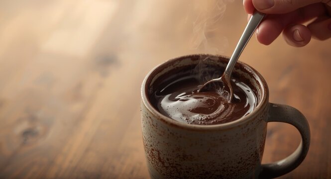 Stirring Hot Chocolate in a Rustic Mug on a Wooden Table