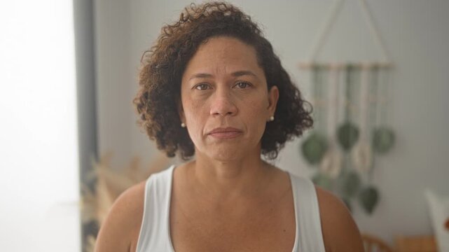 Woman lifts eyebrows and pinches forehead skin while examining wrinkles in a building, hands framing face and brow focused; tired reflection.