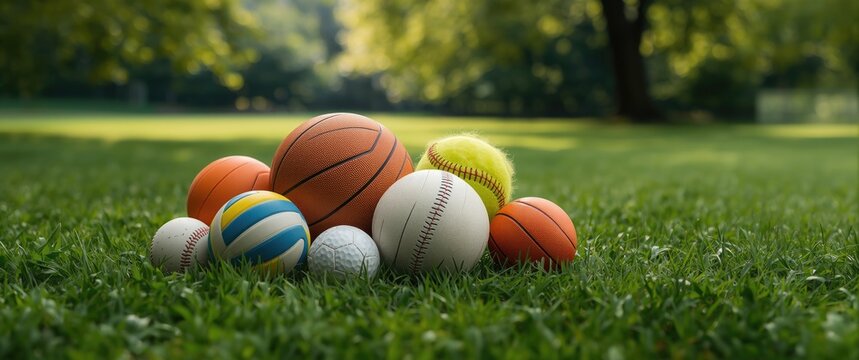 Variety of Sports Balls Piled on Green Grass in a Sunny Park Setting
