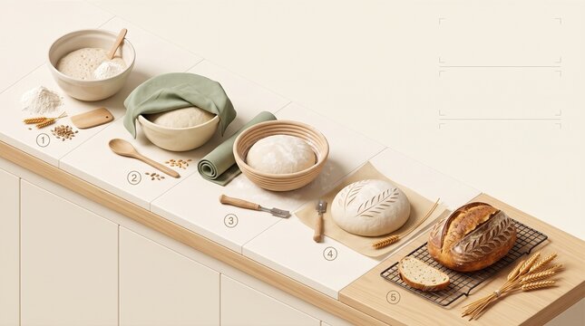 Isometric sourdough baking workflow with tools and ingredients