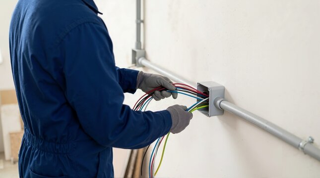 Electrician pulling colorful wires through a wall conduit. Professional contractor installing electrical cables in a PVC junction box