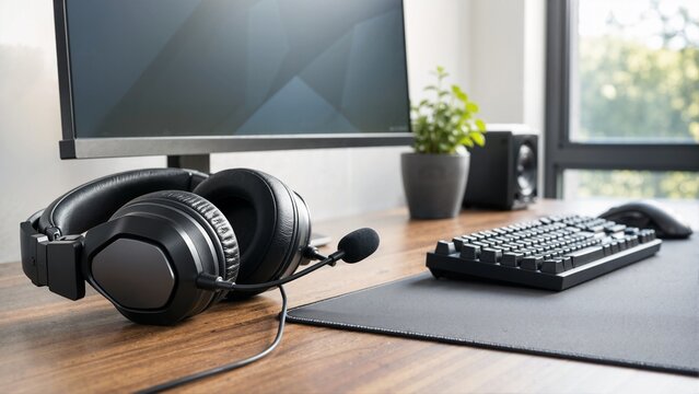 Black gaming headset with microphone on a wooden desk. Modern computer setup with mechanical keyboard and mouse. Online gaming and streaming hobby concept