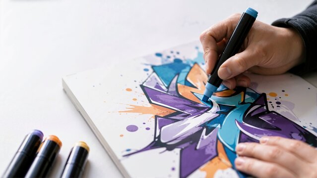 Hand holding a blue marker while drawing colorful graffiti art in a sketchbook. Person creating urban street style illustration with markers. Contemporary graphic design and drawing hobby concept