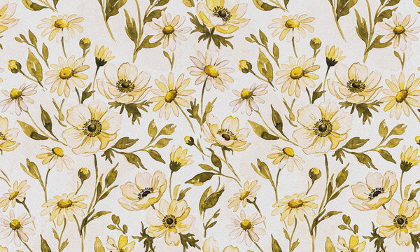 Delicate yellow anemone flowers with green leaves in soft natural light creating a gentle botanical pattern