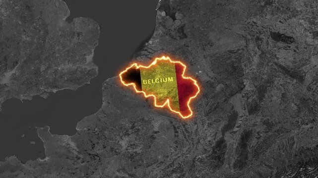 Belgium Map Highlight with Fiery Glowing Border on Black and White World Map