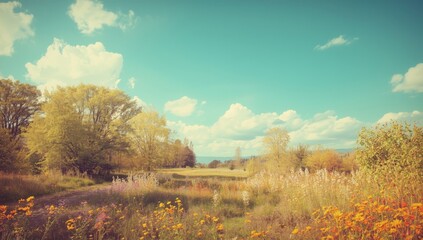 Fototapeta premium Autumn Landscape with Colorful Wildflowers and Bright Blue Sky