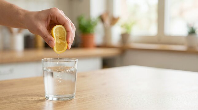 Hand squeezing fresh lemon into a glass of water. Person preparing a healthy citrus drink on a wooden kitchen counter. Morning hydration and wellness diet concept
