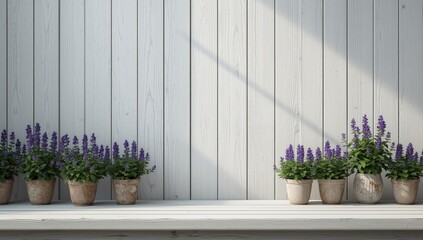 Obraz premium Potted Purple Flowers on a Wooden Shelf Against a White Wall