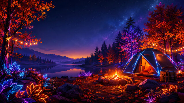 autumn camping background background with copy space, Neon Glow style