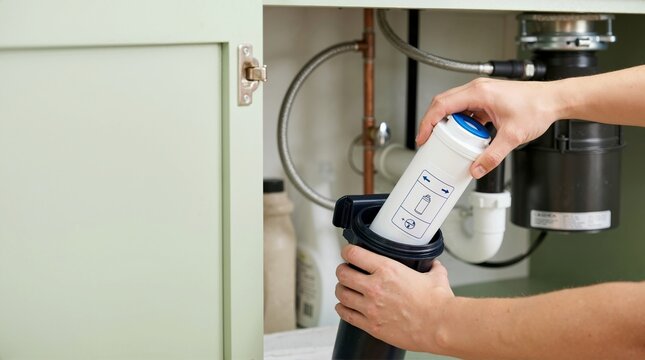 Installing a replacement water filter cartridge under a kitchen sink. Plumber changing a purification system component. Home maintenance and clean water concept