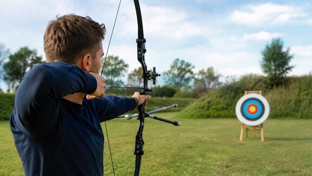 Young archer aiming bow and arrow at a target during outdoor practice. Man focusing on bullseye in a grassy field. Archery hobby and precision sport concept