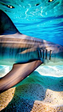Large predatory shark swimming gracefully through clear blue tropical ocean water above a bright sandy seabed with sunlight caustic patterns and natural ripples