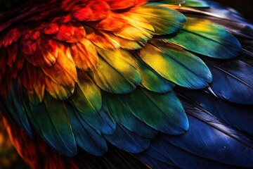 Obraz premium Colorful Parrot Feathers in Closeup with Vibrant Rainbow Palette