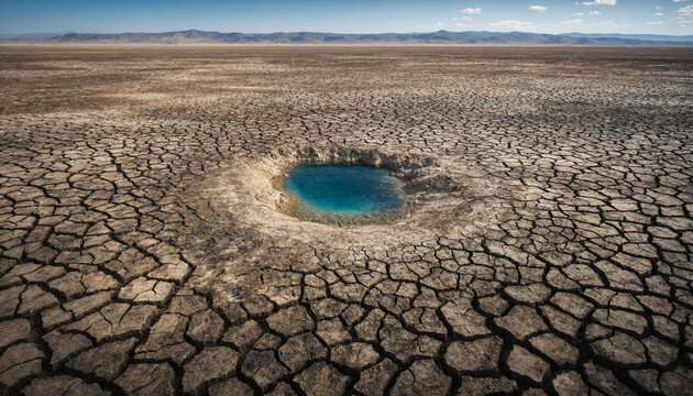 Aerial view of a dried lake bed with cracked mud and a small pool of water during summer drought