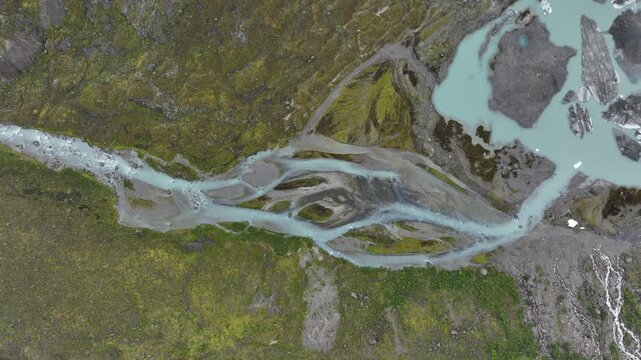 Aerial view of Austerdalsbreen glacier stream and lake, part of Jostedalsbreen in Norway