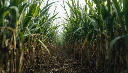 Fototapeta premium Lush Cornfield Pathway with Tall Green Stalks Under Soft Light