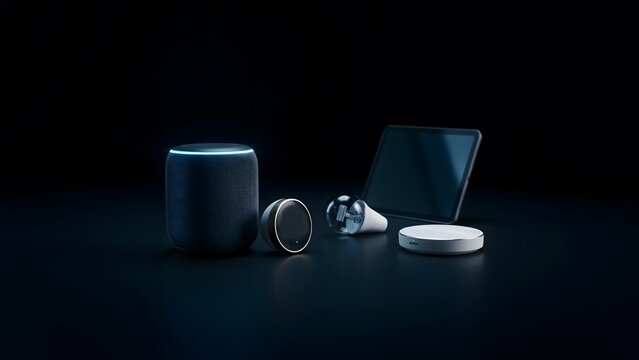 Smart home technology devices including a smart speaker, thermostat, light bulb, tablet, and hub arranged on a dark surface against a black background