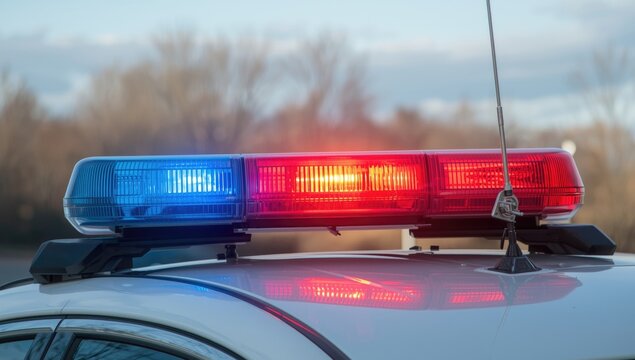 Police Car Light Bar Illuminated with Flashing Red and Blue Colors on a Vehicle Top