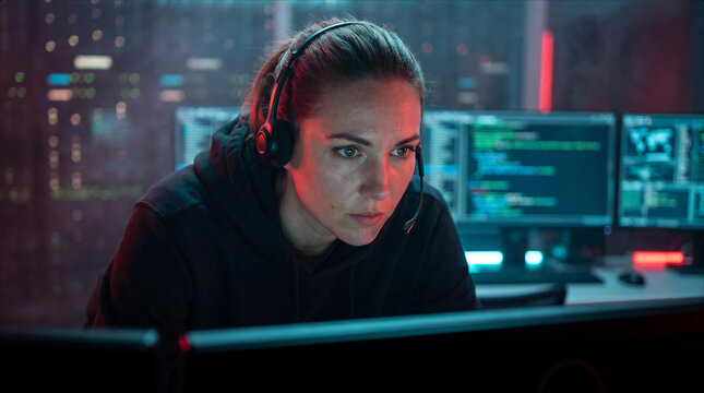 Focused Female Software Developer Working Late Night in Modern Cyber Security Operations Center Analyzing Network Data Traffic on Multiple Monitors Cybersecurity Professional Monitoring Real Time Tech