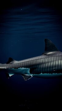 Large tiger shark swimming through deep dark blue ocean water with dramatic lighting highlighting its striped pattern and skin texture in a powerful underwater scene