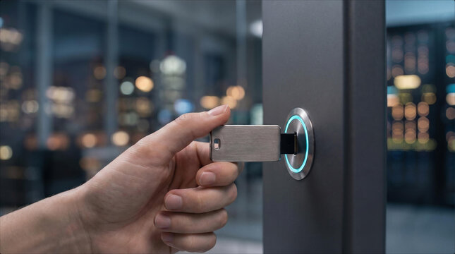 Modern Cybersecurity Hardware Key Insertion into Secure Server Rack System Access Control Authentication Technology Authentication Process Digital Identity Protection Corporate Network Infrastructure