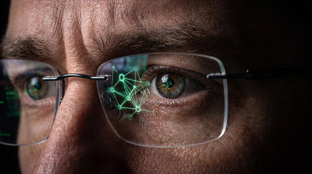 Futuristic Augmented Reality Smart Glasses Wearable Technology Interface Holographic Digital Network Overlay Data Visualization Cyberpunk Man Close Up Eyewear Vision Innovation Computer Science, Tech