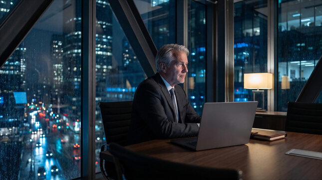 Middle Aged Male CEO Working Late Night Overtime Corporate Office Window City Skyline Background Focused Executive Using Laptop Professional Businessman Wearing Suit Managing Strategic Projects Career