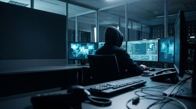 Cybersecurity Hacker Sitting In Dark Server Room Working On Multiple Computer Monitors With Glowing Data Visualization Interfaces Representing Advanced Network Penetration Testing Digital Security