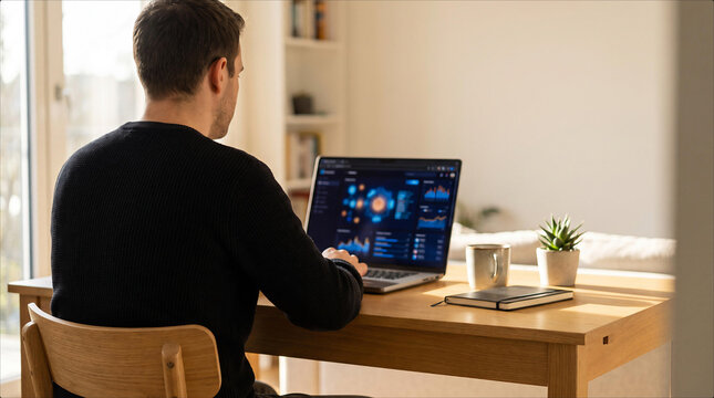 Focused Young Man Working Remotely at Home Office Desk Using Laptop Computer Displaying Complex Financial Data Analytics Graphs and Metrics Dashboard Visualization Interface for Professional Business