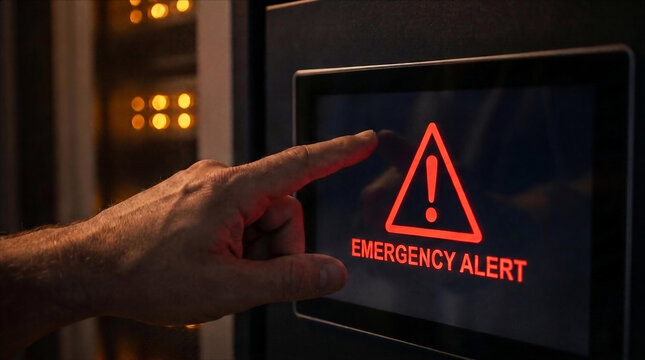 IT Professional Interacting With Digital Server Monitoring Touchscreen Display Showing Emergency Alert Warning Notification System Error Security Breach Cybersecurity Critical Failure Concept In Data
