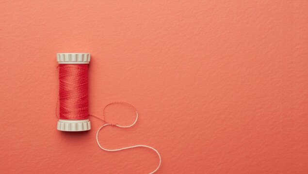 Red Sewing Thread Spool on Coral Background with Loose Thread