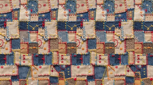 Patchwork Fabric and Thread Seamless Pattern Background with Cotton Linen Denim and Embroidered Textile