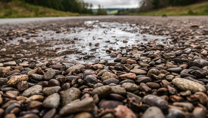 Obraz premium Puddles Reflecting Clouds on a Gravel Road After Rain