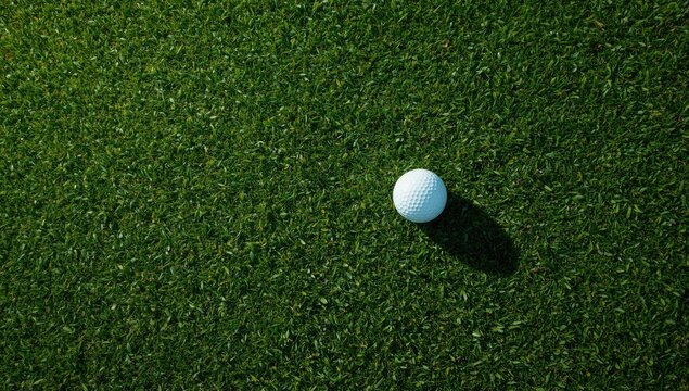Golf Ball on Green Grass - Top View, Natural Light, Shadow Play