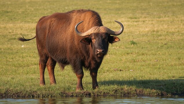 Brown Water Buffalo Standing by the Water at Sunset in Natural Habitat