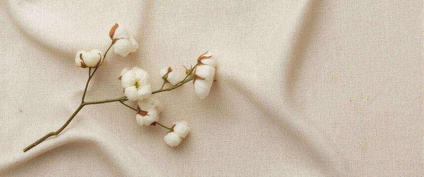 Cotton Flower Branch Placed on Cream Fabric Background in Soft Natural Light