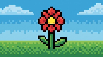 Fototapeta premium Vibrant pixel art illustration of a red flower with a yellow center standing in a green grassy field under a bright blue sky with white clouds.
