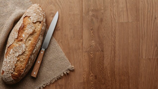Artisan Bread Loaf and Knife on a Wooden Table with Natural Textures