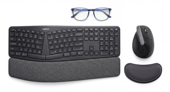 Ergonomic Keyboard, Vertical Mouse, Wrist Rest, and Blue Light Glasses Top View Set to Prevent Digital Fatigue