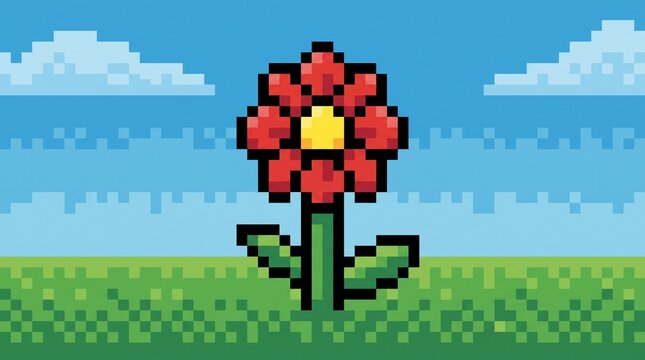 Vibrant pixel art illustration of a red flower with a yellow center standing in a green grassy field under a bright blue sky with white clouds.