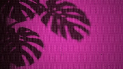 Dark silhouettes of tropical monstera leaves on a vibrant pink and purple halftone dot pattern background © Rimpa