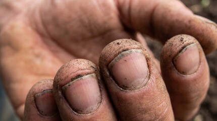 Close-up view of a person's dirty hand and fingernails, showing the effects of manual labor or outdoor work in soil.