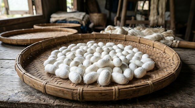 Silkworm cocoons on a woven bamboo tray in a rustic workshop