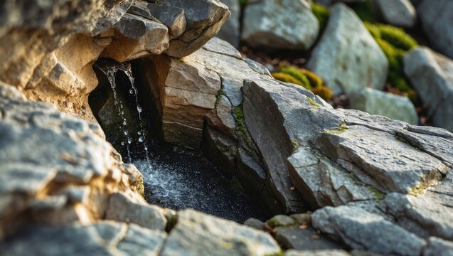 Trickling Water Flowing from Rocks in a Natural Setting with Soft Light