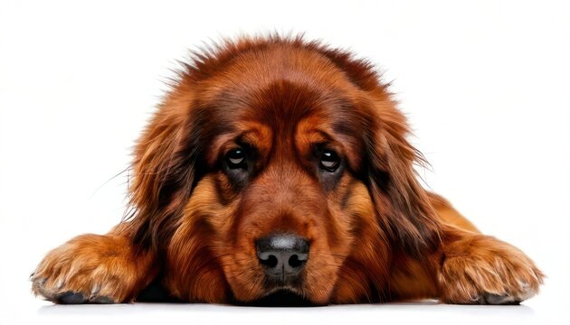 Sad Tibetan Mastiff Dog Lying Down on White Background.