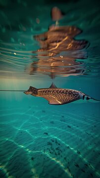 Majestic spotted eagle ray swimming gracefully through clear turquoise tropical ocean water with sunlight caustic patterns reflecting on the sandy seabed in a serene underwater scene