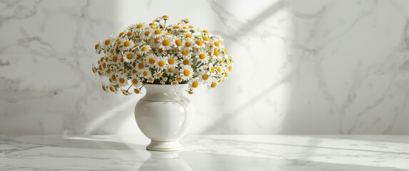 Daisies in a White Vase on Marble Table with Soft Shadows © CreativeBro