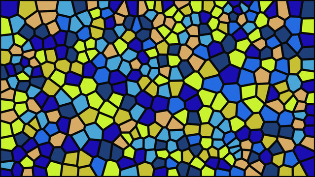 Stained glass mosaic pattern, abstract geometric cell background in blue and yellow, decorative vitrage texture vector for creative design