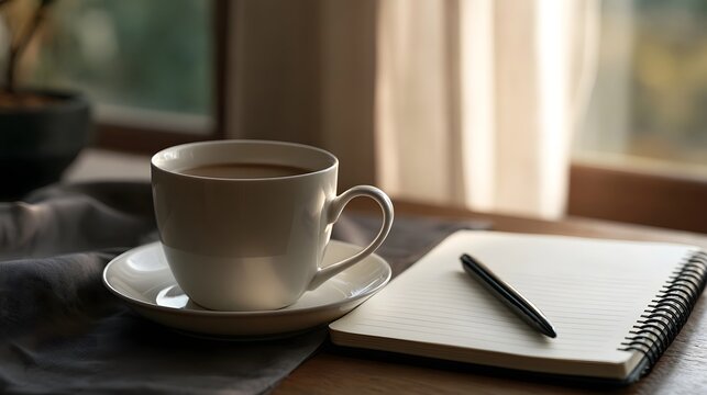 A white ceramic coffee cup sits beside an open spiral notebook on a wooden table near a window with soft natural light